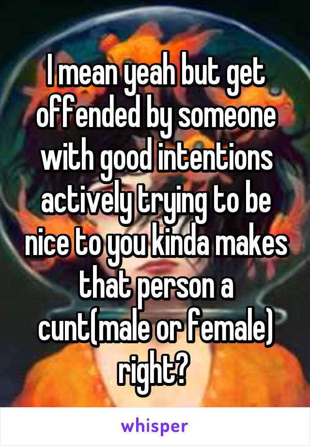 I mean yeah but get offended by someone with good intentions actively trying to be nice to you kinda makes that person a cunt(male or female) right? 