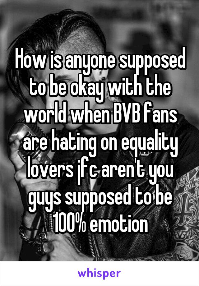 How is anyone supposed to be okay with the world when BVB fans are hating on equality lovers jfc aren't you guys supposed to be 100% emotion