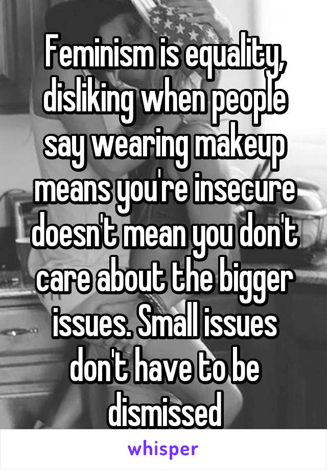 Feminism is equality, disliking when people say wearing makeup means you're insecure doesn't mean you don't care about the bigger issues. Small issues don't have to be dismissed