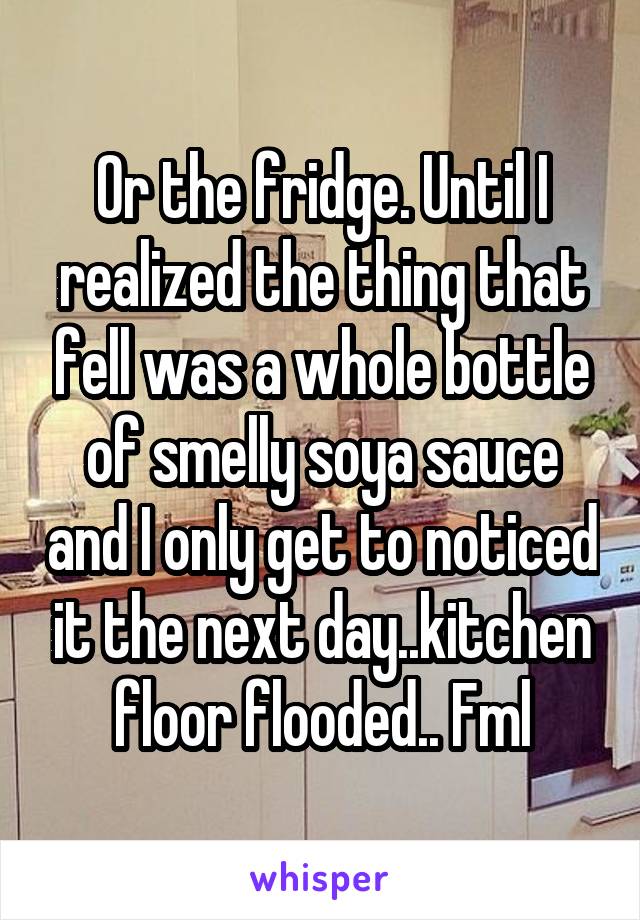 Or the fridge. Until I realized the thing that fell was a whole bottle of smelly soya sauce and I only get to noticed it the next day..kitchen floor flooded.. Fml