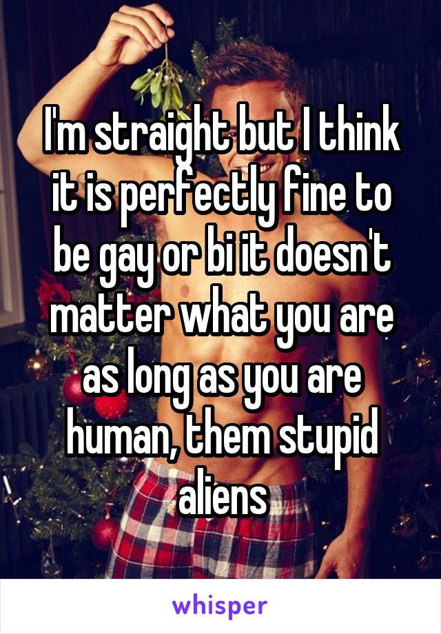I'm straight but I think it is perfectly fine to be gay or bi it doesn't matter what you are as long as you are human, them stupid aliens