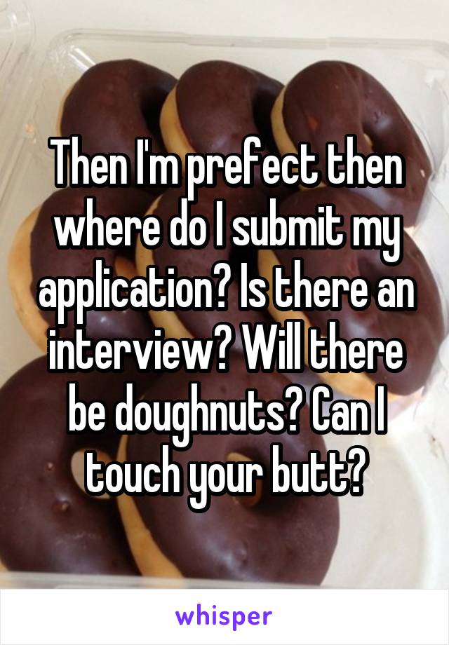 Then I'm prefect then where do I submit my application? Is there an interview? Will there be doughnuts? Can I touch your butt?