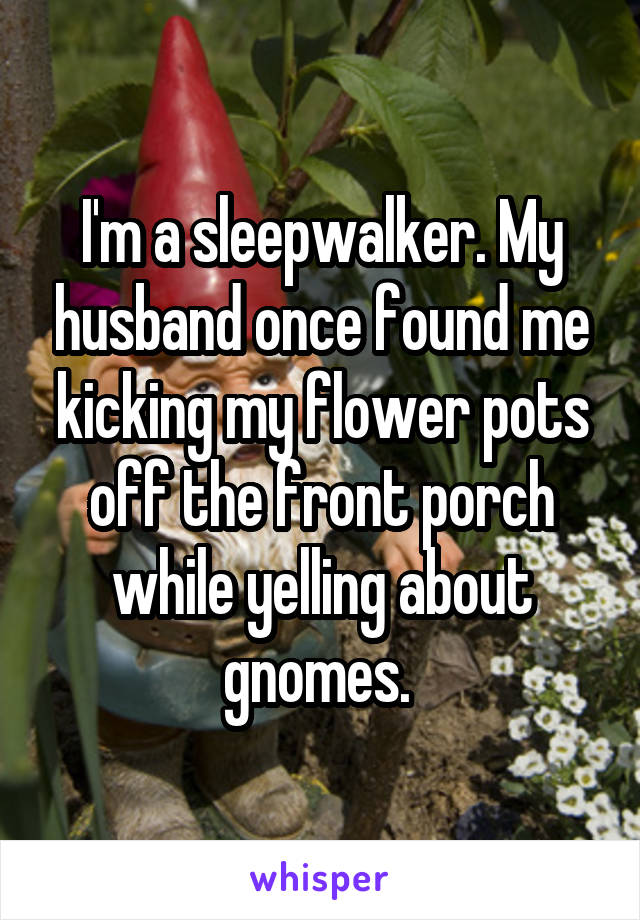 I'm a sleepwalker. My husband once found me kicking my flower pots off the front porch while yelling about gnomes. 