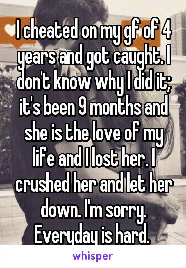 I cheated on my gf of 4 years and got caught. I don't know why I did it; it's been 9 months and she is the love of my life and I lost her. I crushed her and let her down. I'm sorry. Everyday is hard. 
