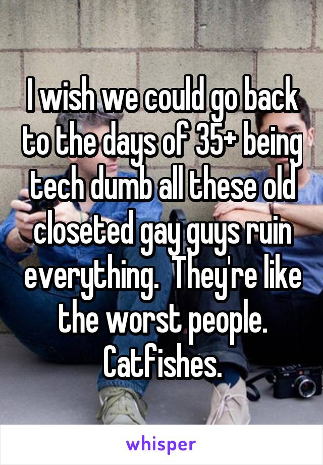 I wish we could go back to the days of 35+ being tech dumb all these old closeted gay guys ruin everything.  They're like the worst people. Catfishes.