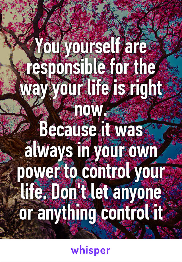 You yourself are responsible for the way your life is right now.
Because it was always in your own power to control your life. Don't let anyone or anything control it