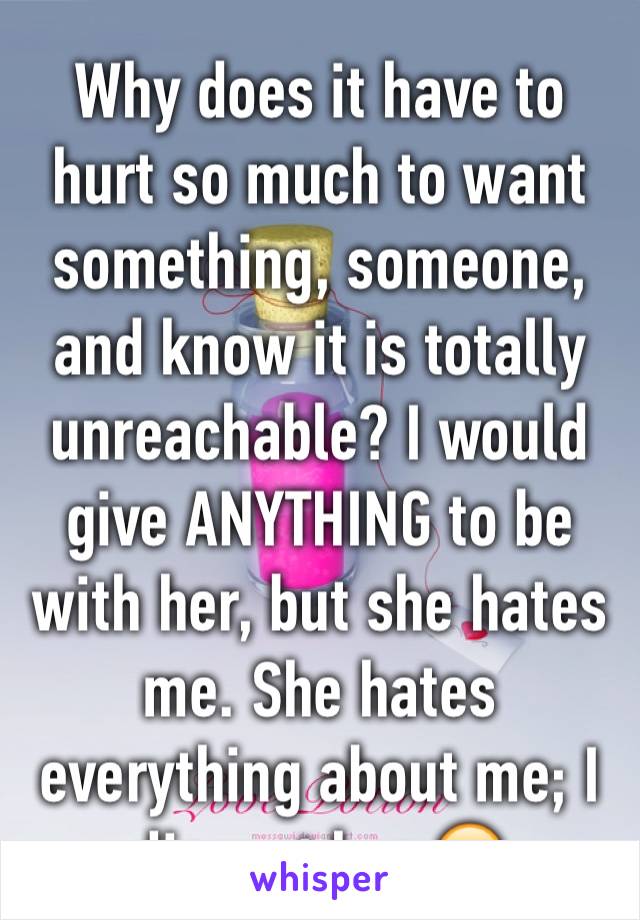 Why does it have to hurt so much to want something, someone, and know it is totally unreachable? I would give ANYTHING to be with her, but she hates me. She hates everything about me; I disgust her 😣
