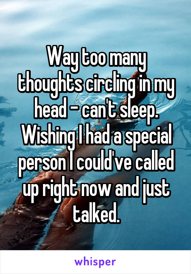 Way too many thoughts circling in my head - can't sleep.
Wishing I had a special person I could've called up right now and just talked.