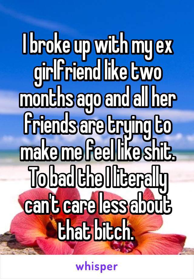 I broke up with my ex girlfriend like two months ago and all her friends are trying to make me feel like shit. To bad the I literally can't care less about that bitch. 
