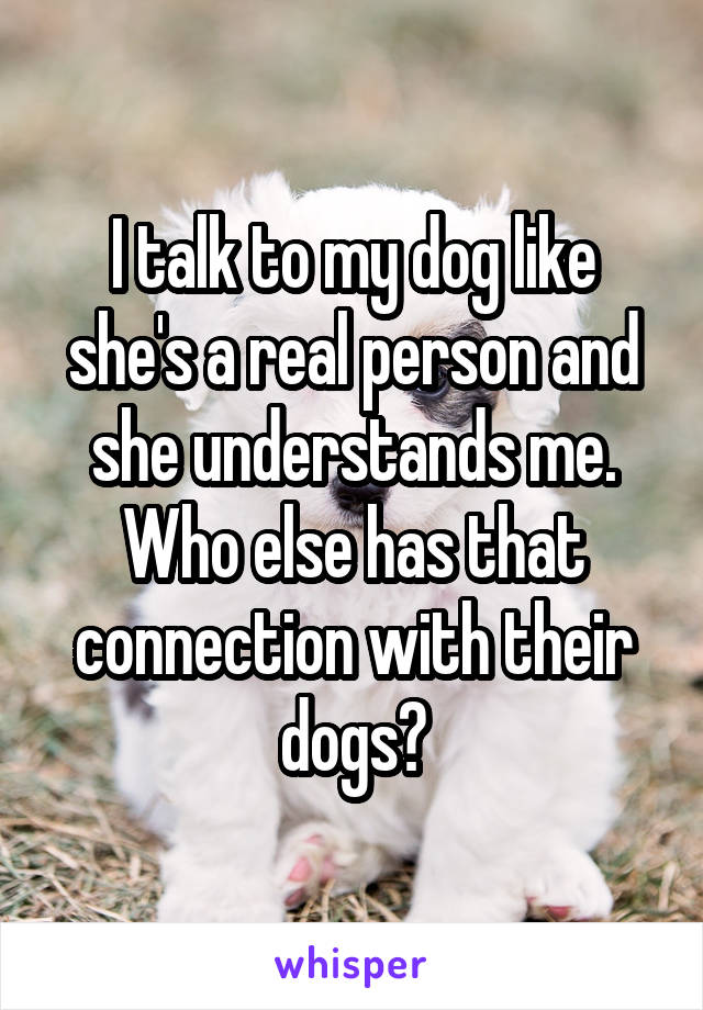 I talk to my dog like she's a real person and she understands me. Who else has that connection with their dogs?