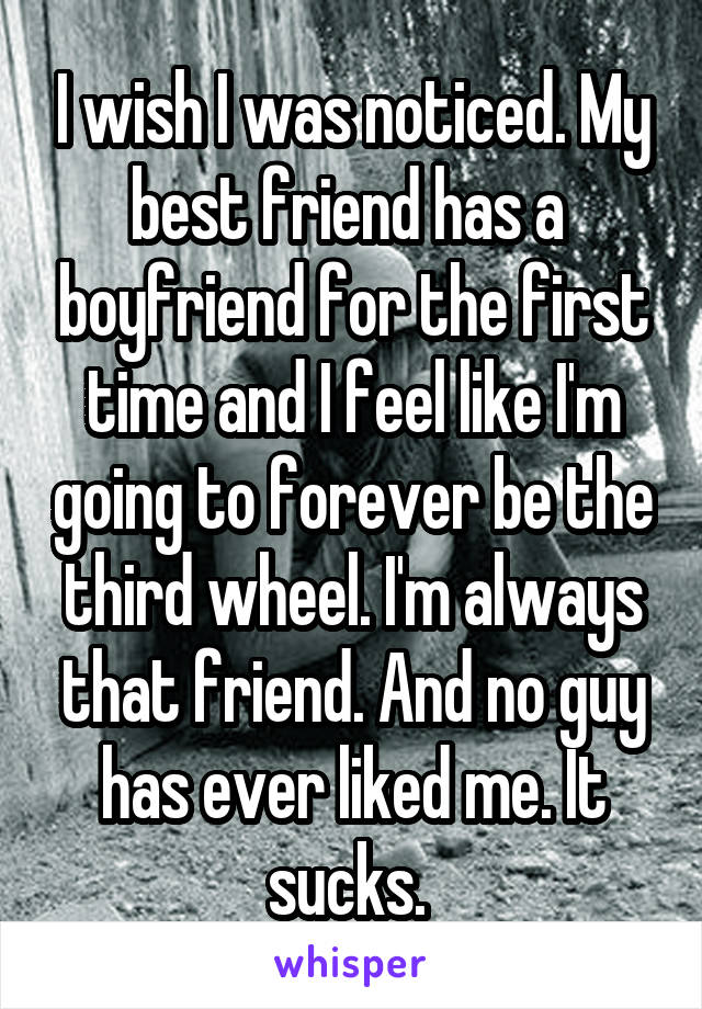 I wish I was noticed. My best friend has a  boyfriend for the first time and I feel like I'm going to forever be the third wheel. I'm always that friend. And no guy has ever liked me. It sucks. 