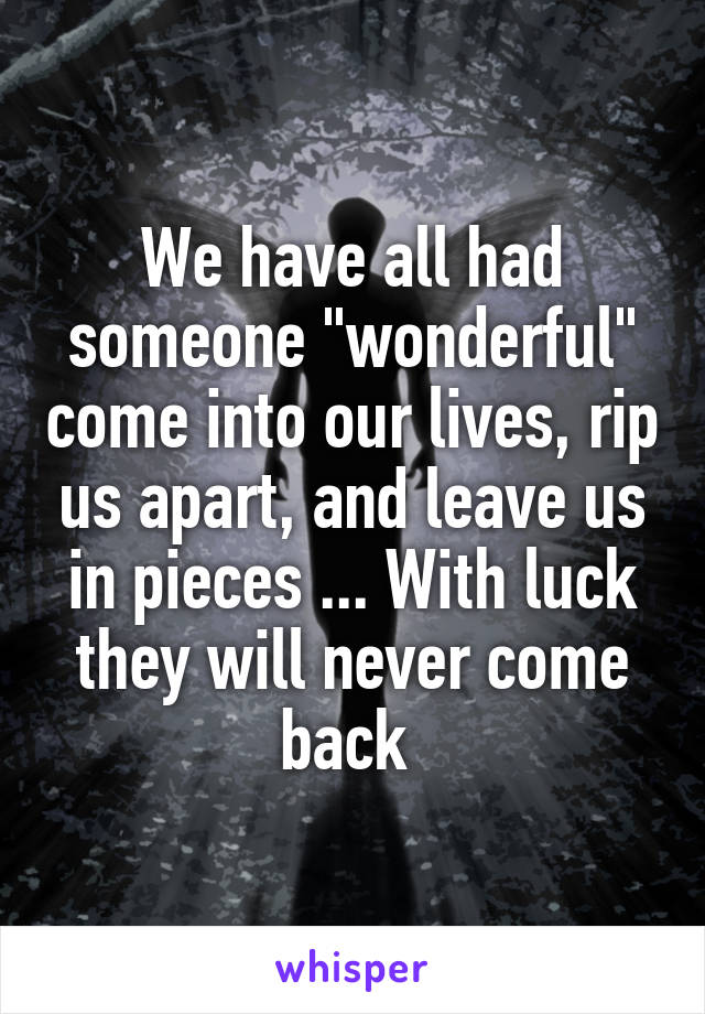 We have all had someone "wonderful" come into our lives, rip us apart, and leave us in pieces ... With luck they will never come back 
