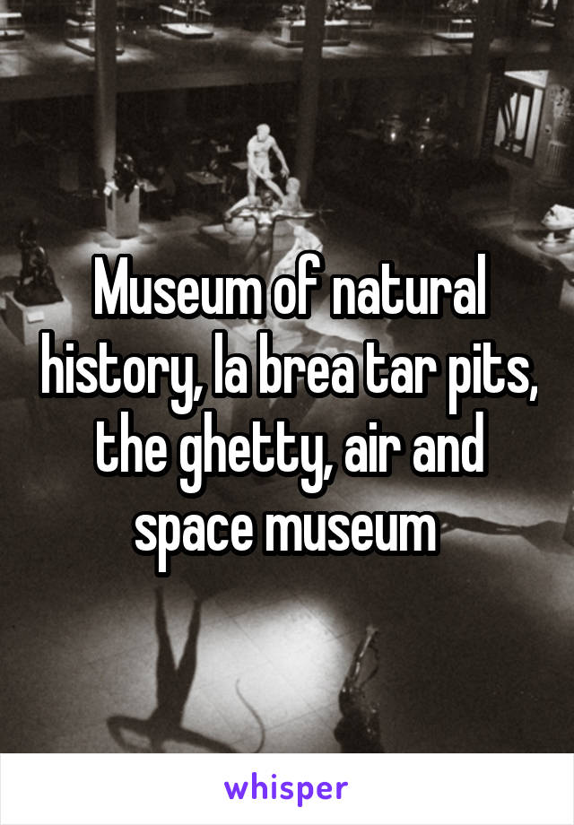 Museum of natural history, la brea tar pits, the ghetty, air and space museum 