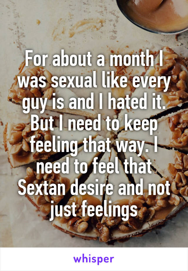 For about a month I was sexual like every guy is and I hated it. But I need to keep feeling that way. I need to feel that Sextan desire and not just feelings