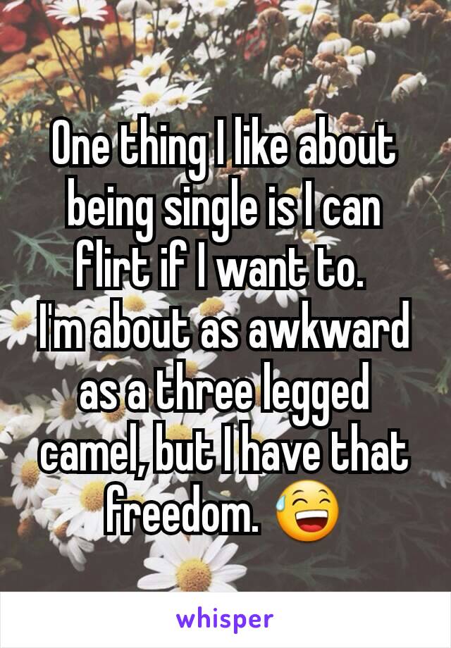 One thing I like about being single is I can flirt if I want to. 
I'm about as awkward as a three legged camel, but I have that freedom. 😅