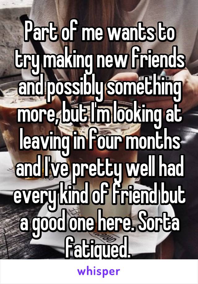 Part of me wants to try making new friends and possibly something more, but I'm looking at leaving in four months and I've pretty well had every kind of friend but a good one here. Sorta fatigued. 
