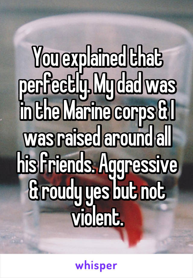 You explained that perfectly. My dad was in the Marine corps & I was raised around all his friends. Aggressive & roudy yes but not violent.