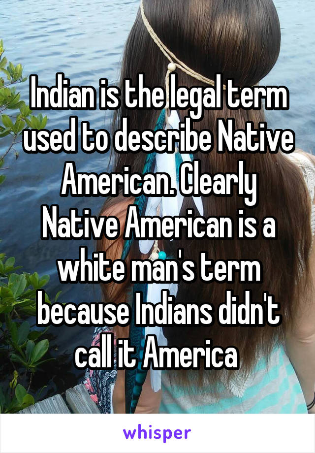 Indian is the legal term used to describe Native American. Clearly Native American is a white man's term because Indians didn't call it America 