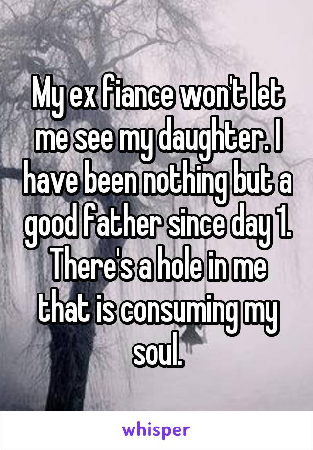 My ex fiance won't let me see my daughter. I have been nothing but a good father since day 1. There's a hole in me that is consuming my soul.