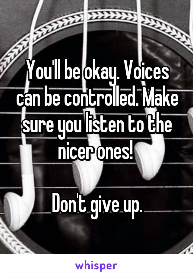 You'll be okay. Voices can be controlled. Make sure you listen to the nicer ones! 

Don't give up.