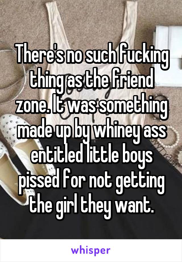 There's no such fucking thing as the friend zone. It was something made up by whiney ass entitled little boys pissed for not getting the girl they want.