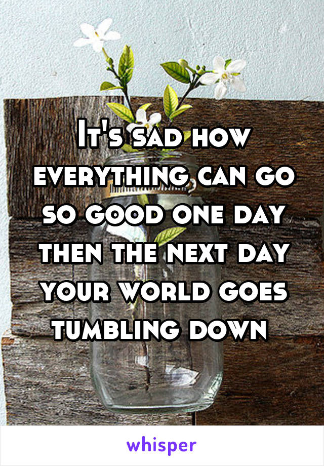 It's sad how everything can go so good one day then the next day your world goes tumbling down 