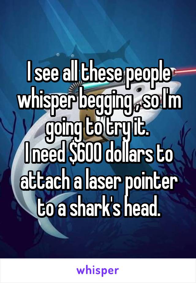 I see all these people whisper begging , so I'm going to try it. 
I need $600 dollars to attach a laser pointer to a shark's head.