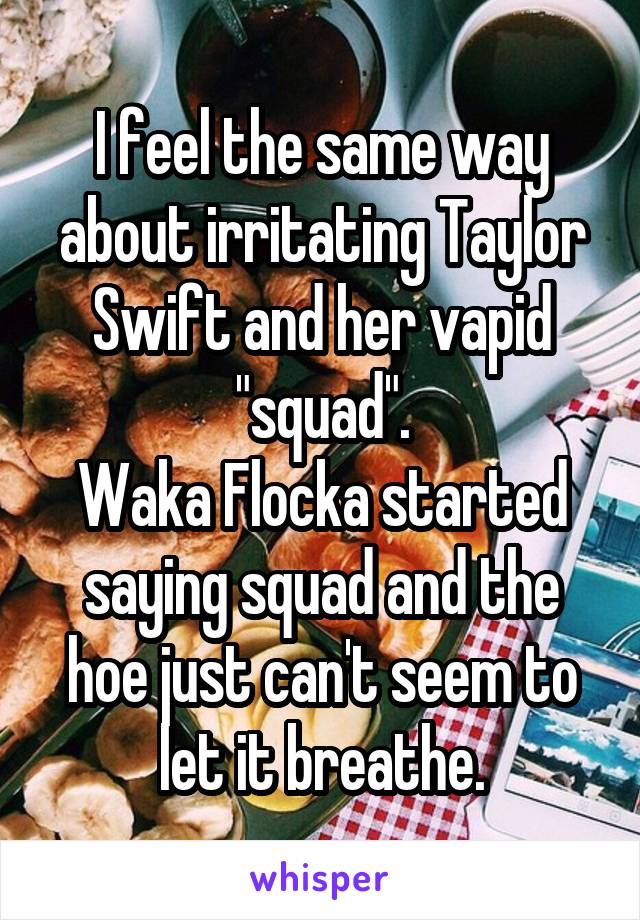 I feel the same way about irritating Taylor Swift and her vapid "squad".
Waka Flocka started saying squad and the hoe just can't seem to let it breathe.