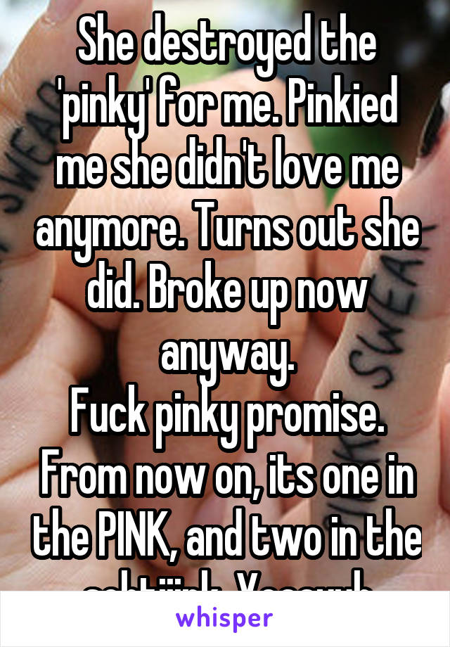 She destroyed the 'pinky' for me. Pinkied me she didn't love me anymore. Turns out she did. Broke up now anyway.
Fuck pinky promise. From now on, its one in the PINK, and two in the schtiiink. Yeaayuh