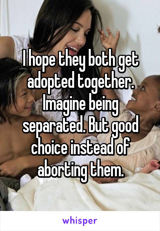 I hope they both get adopted together. Imagine being separated. But good choice instead of aborting them.
