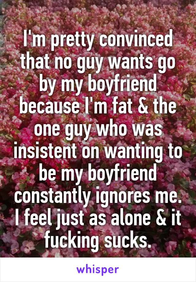 I'm pretty convinced that no guy wants go by my boyfriend because I'm fat & the one guy who was insistent on wanting to be my boyfriend constantly ignores me. I feel just as alone & it fucking sucks.