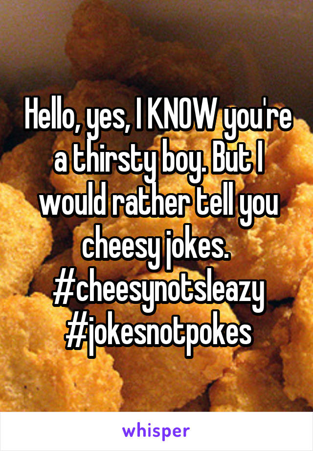 Hello, yes, I KNOW you're a thirsty boy. But I would rather tell you cheesy jokes. 
#cheesynotsleazy #jokesnotpokes