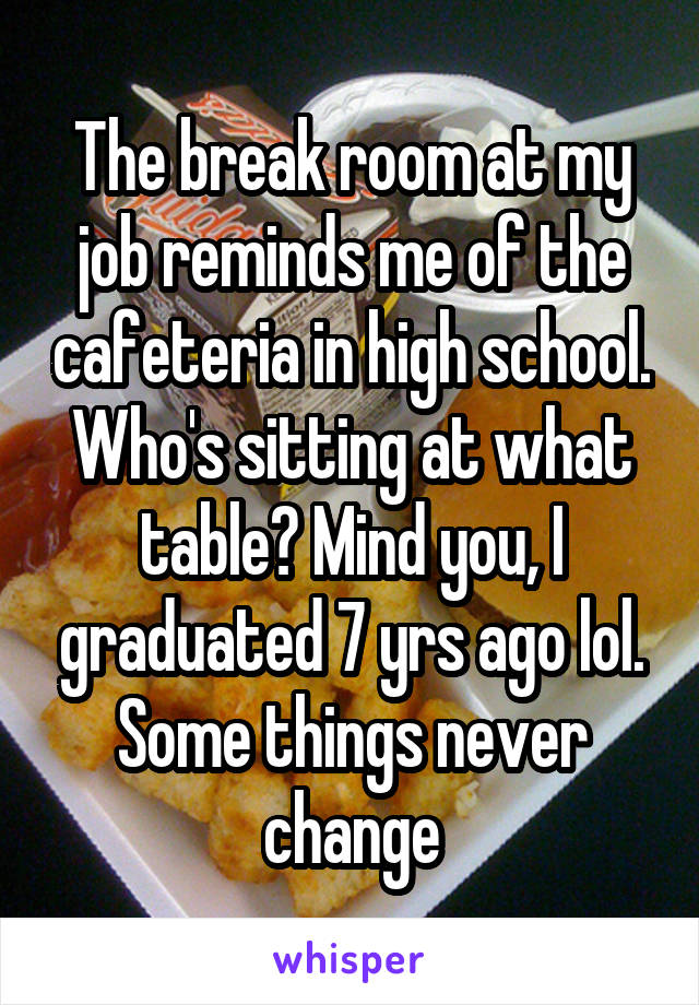 The break room at my job reminds me of the cafeteria in high school. Who's sitting at what table? Mind you, I graduated 7 yrs ago lol. Some things never change