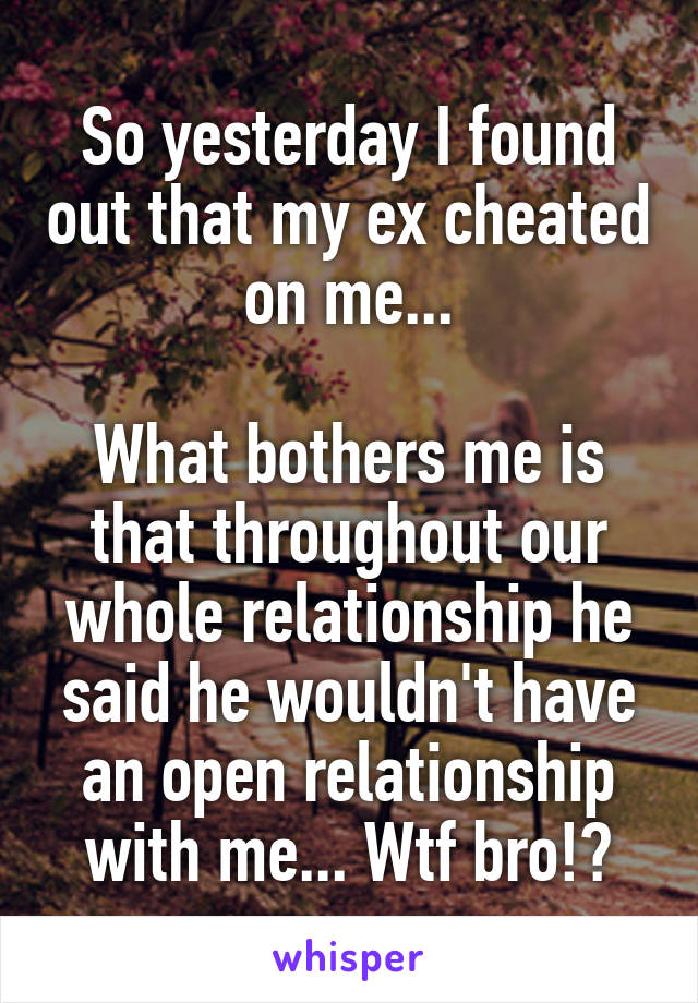 So yesterday I found out that my ex cheated on me...

What bothers me is that throughout our whole relationship he said he wouldn't have an open relationship with me... Wtf bro!?