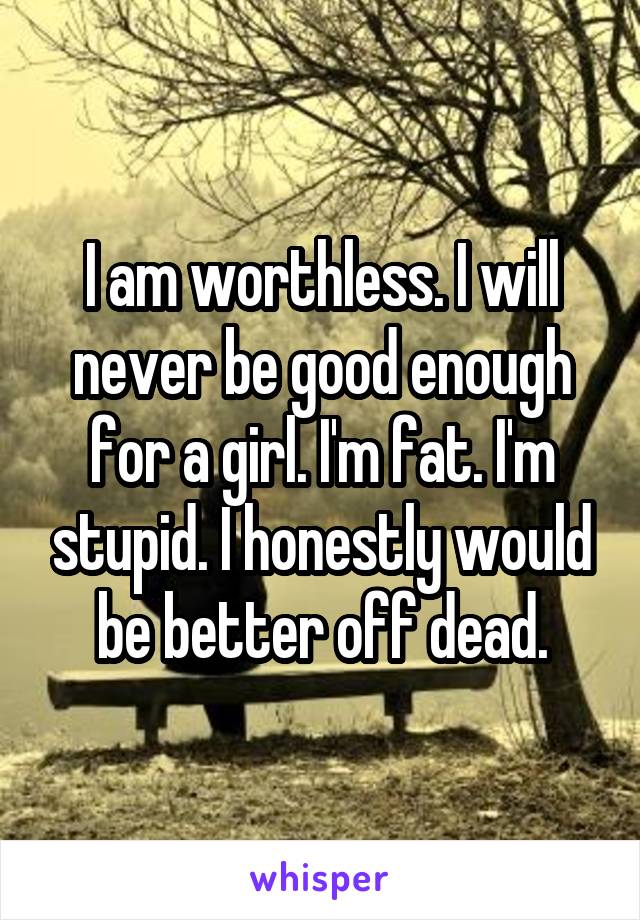 I am worthless. I will never be good enough for a girl. I'm fat. I'm stupid. I honestly would be better off dead.