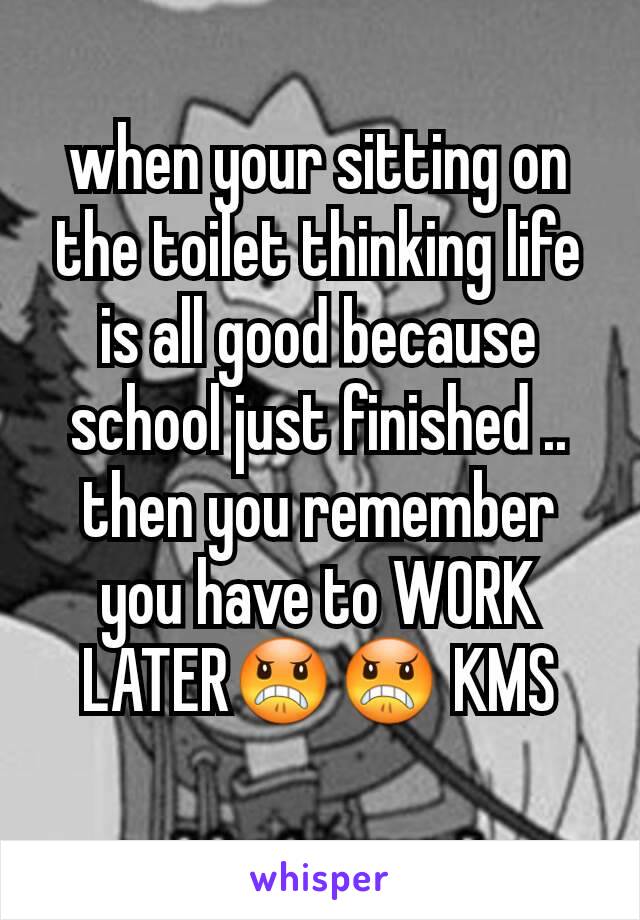 when your sitting on the toilet thinking life is all good because school just finished .. then you remember you have to WORK LATER😠😠 KMS