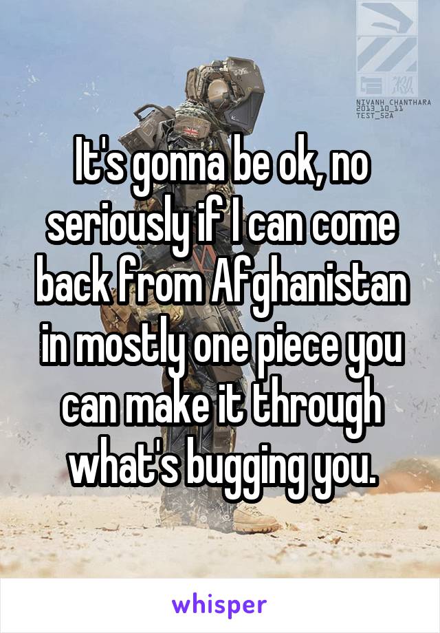 It's gonna be ok, no seriously if I can come back from Afghanistan in mostly one piece you can make it through what's bugging you.