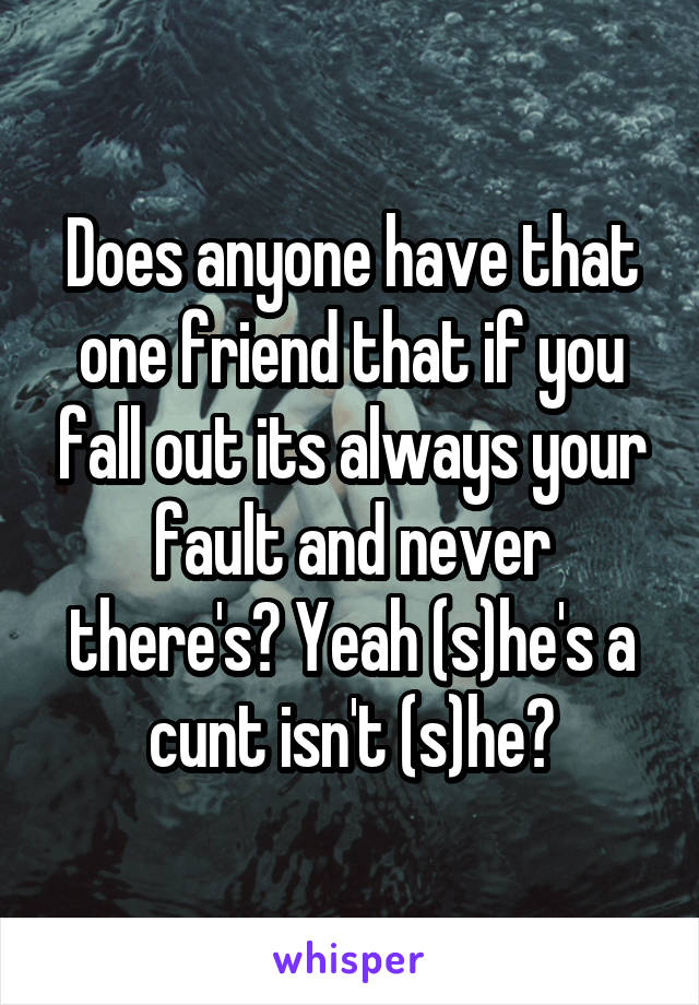 Does anyone have that one friend that if you fall out its always your fault and never there's? Yeah (s)he's a cunt isn't (s)he?