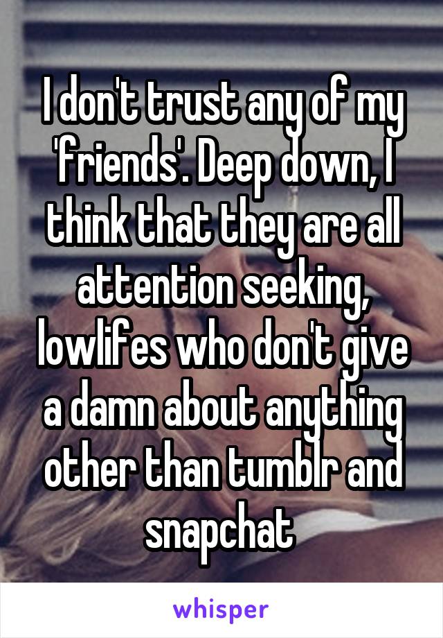 I don't trust any of my 'friends'. Deep down, I think that they are all attention seeking, lowlifes who don't give a damn about anything other than tumblr and snapchat 