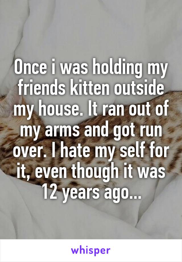 Once i was holding my friends kitten outside my house. It ran out of my arms and got run over. I hate my self for it, even though it was 12 years ago...