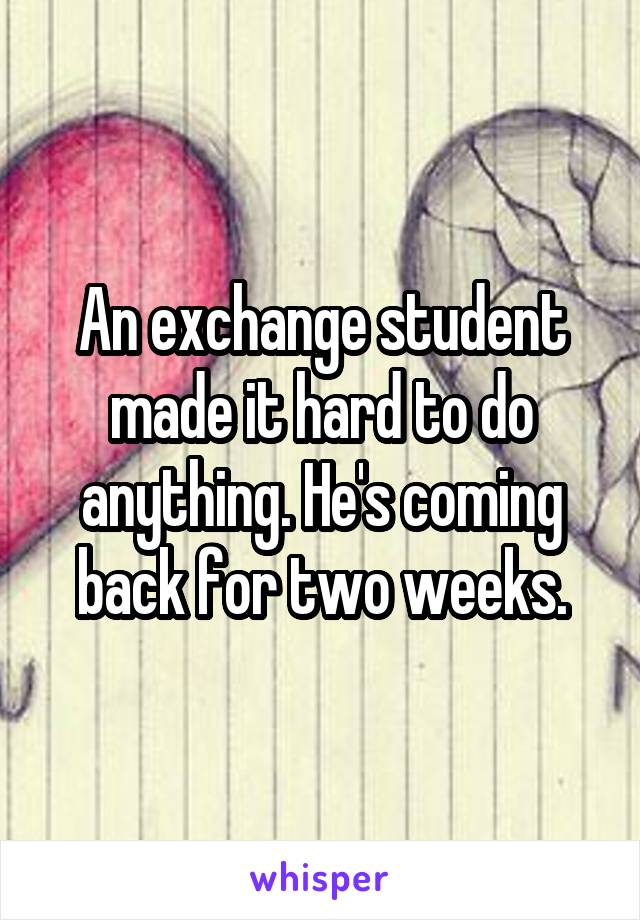 An exchange student made it hard to do anything. He's coming back for two weeks.