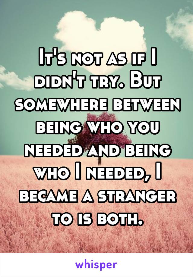 It's not as if I didn't try. But somewhere between being who you needed and being who I needed, I became a stranger to is both.