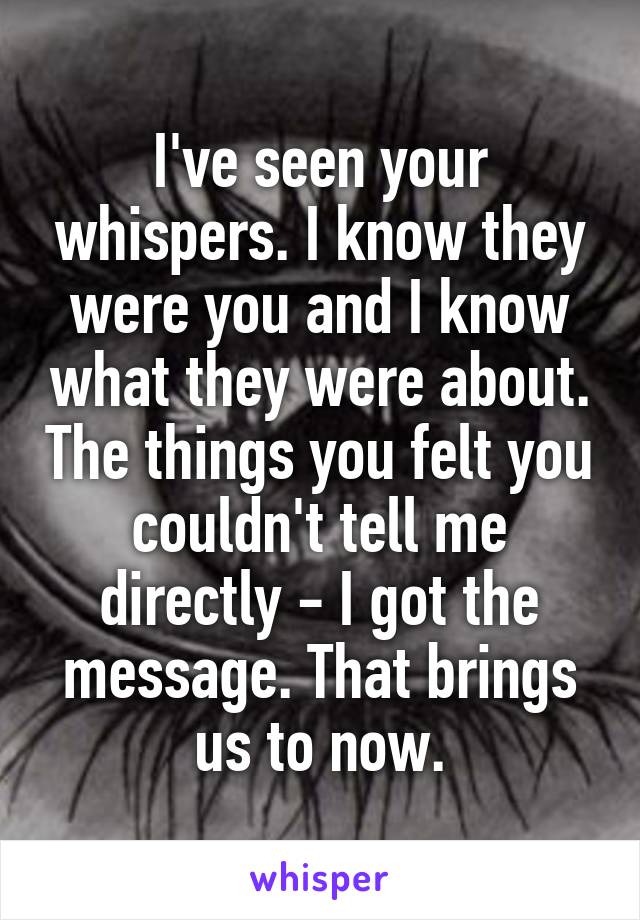 I've seen your whispers. I know they were you and I know what they were about. The things you felt you couldn't tell me directly - I got the message. That brings us to now.