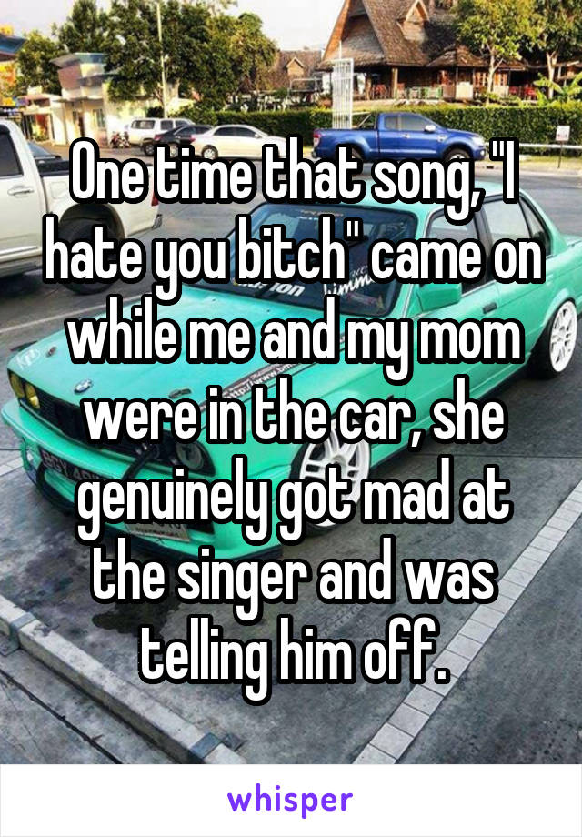 One time that song, "I hate you bitch" came on while me and my mom were in the car, she genuinely got mad at the singer and was telling him off.