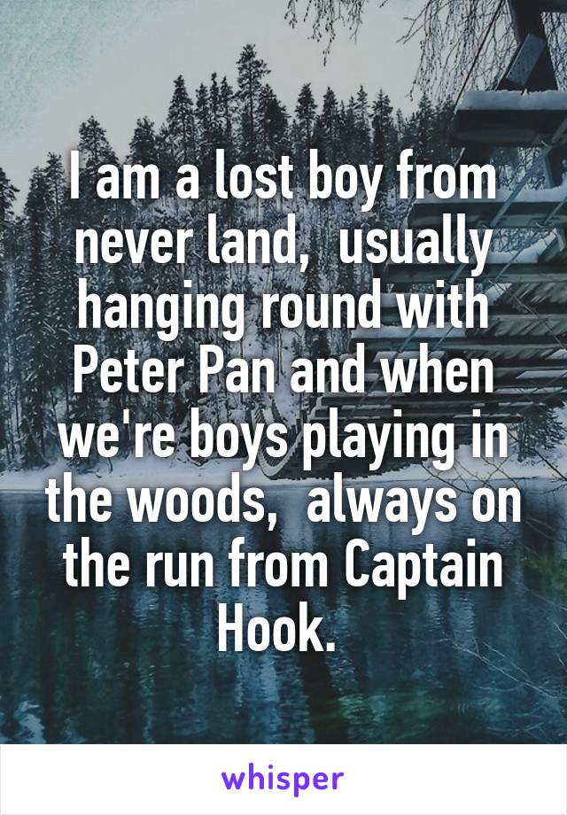 I am a lost boy from never land,  usually hanging round with Peter Pan and when we're boys playing in the woods,  always on the run from Captain Hook. 