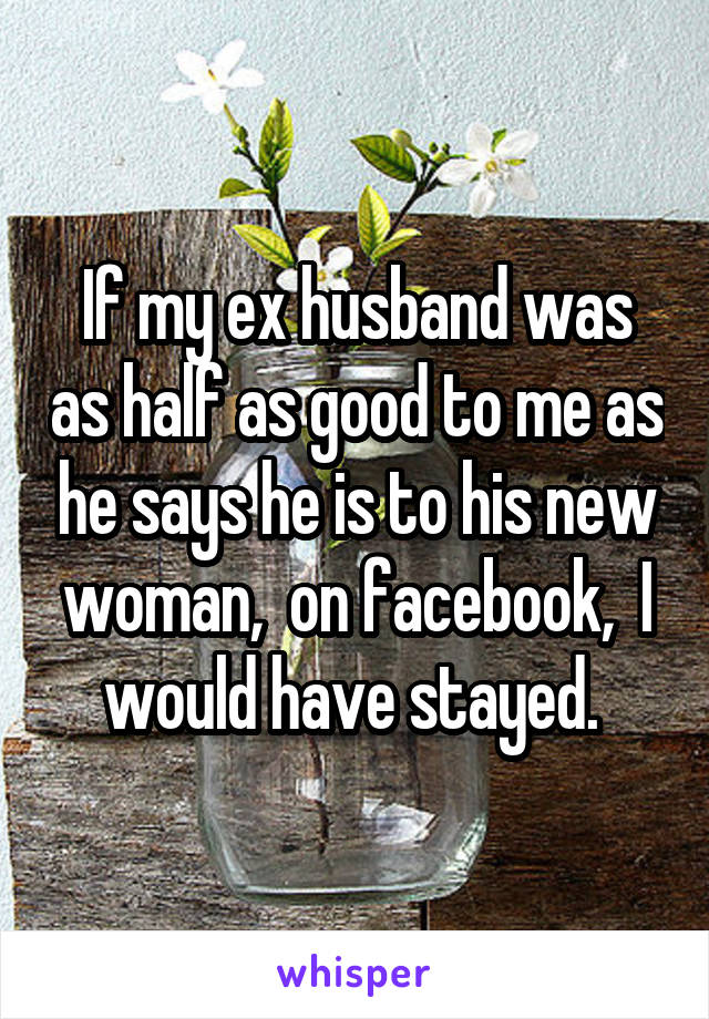 If my ex husband was as half as good to me as he says he is to his new woman,  on facebook,  I would have stayed. 