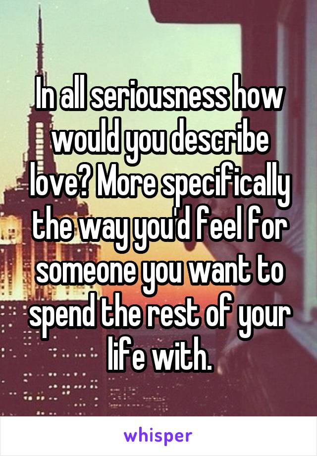 In all seriousness how would you describe love? More specifically the way you'd feel for someone you want to spend the rest of your life with.