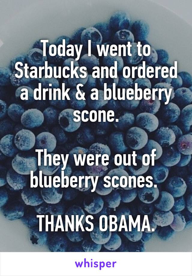 Today I went to Starbucks and ordered a drink & a blueberry scone.

They were out of blueberry scones. 

THANKS OBAMA.