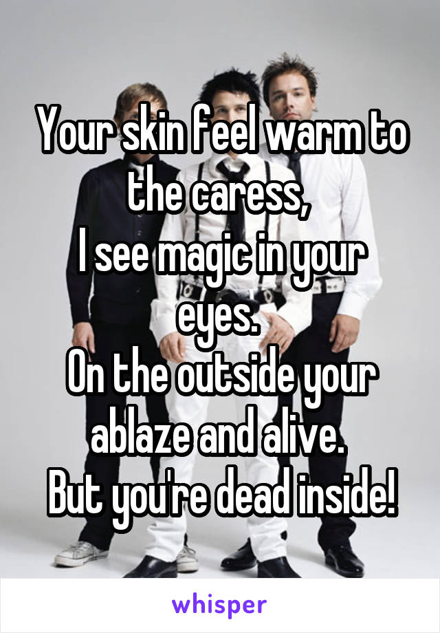 Your skin feel warm to the caress, 
I see magic in your eyes. 
On the outside your ablaze and alive. 
But you're dead inside!