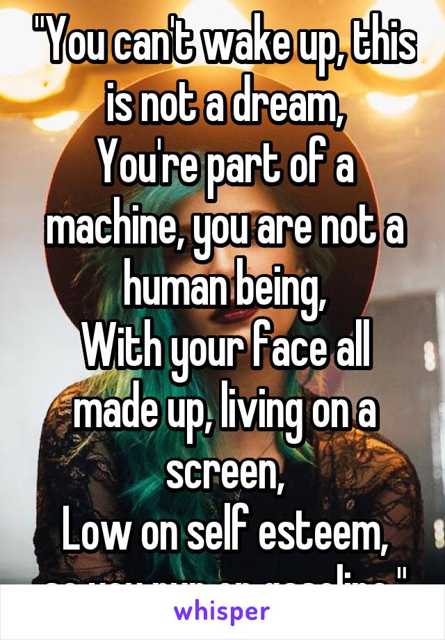 "You can't wake up, this is not a dream,
You're part of a machine, you are not a human being,
With your face all made up, living on a screen,
Low on self esteem, so you run on gasoline."